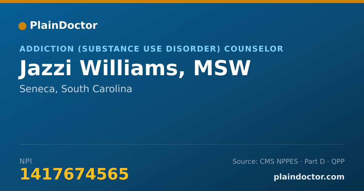 Shareable card for Jazzi Williams, MSW - Addiction (Substance Use Disorder) Counselor, Seneca, SC