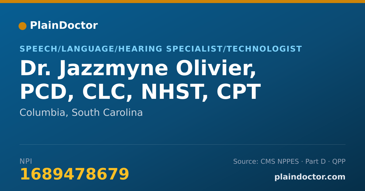 Shareable card for Jazzmyne Olivier, PCD, CLC, NHST, CPT - Speech/Language/Hearing Specialist/Technologist, Columbia, SC