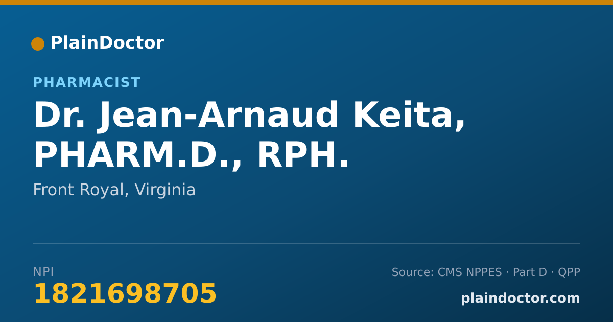 Shareable card for Jean-Arnaud Keita, PHARM.D., RPH. - Pharmacist, Front Royal, VA
