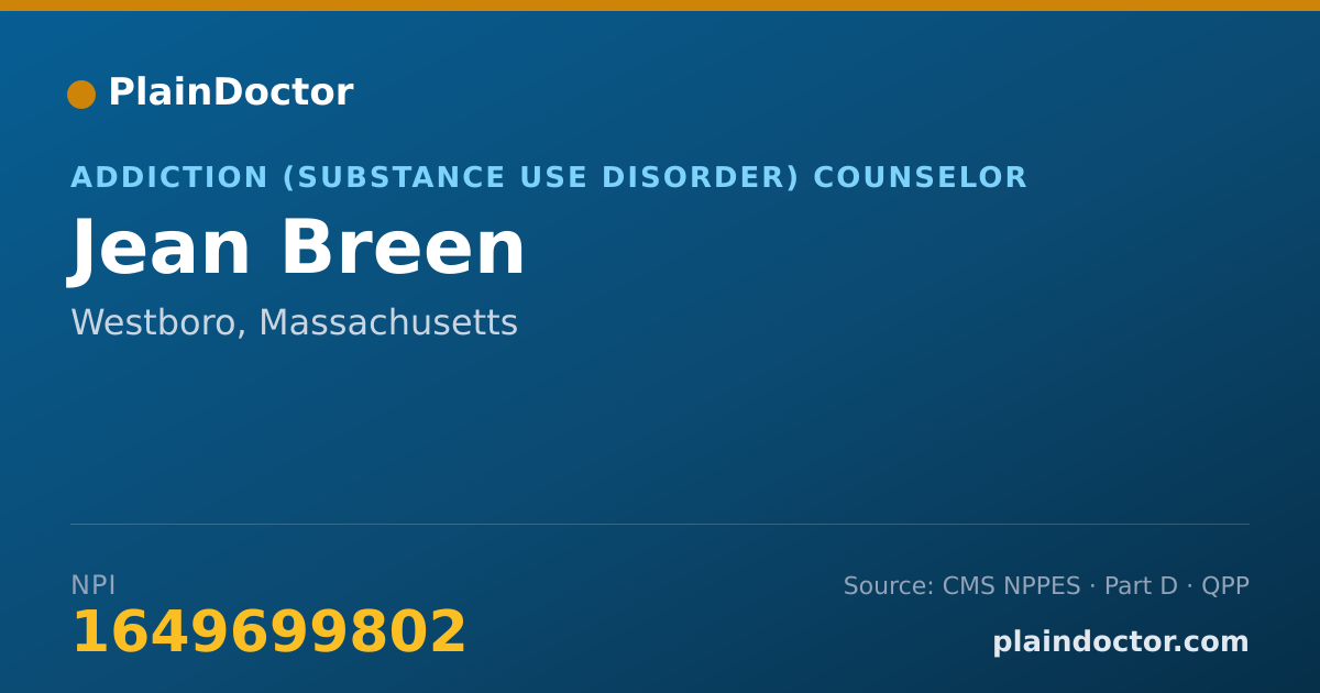 Shareable card for Jean Breen - Addiction (Substance Use Disorder) Counselor, Westboro, MA