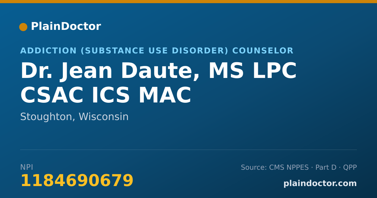 Shareable card for Jean Daute, MS LPC CSAC ICS MAC - Addiction (Substance Use Disorder) Counselor, Stoughton, WI