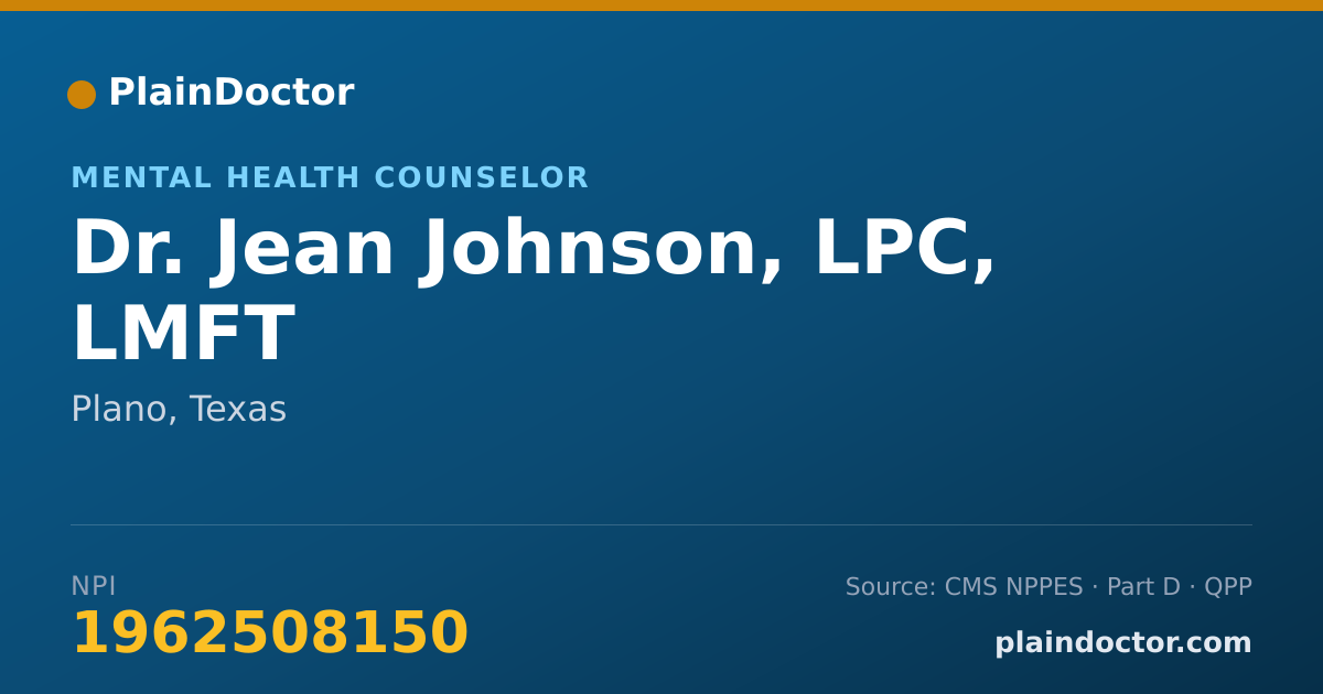 Shareable card for Jean Johnson, LPC, LMFT - Mental Health Counselor, Plano, TX