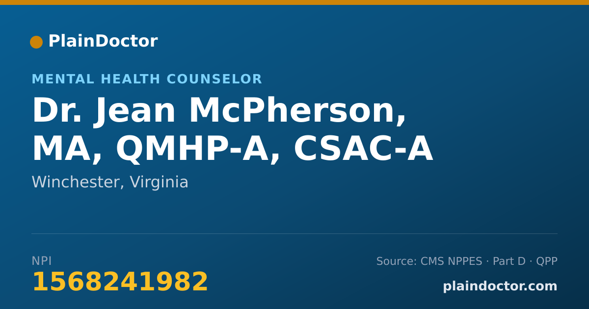 Shareable card for Jean McPherson, MA, QMHP-A, CSAC-A - Mental Health Counselor, Winchester, VA