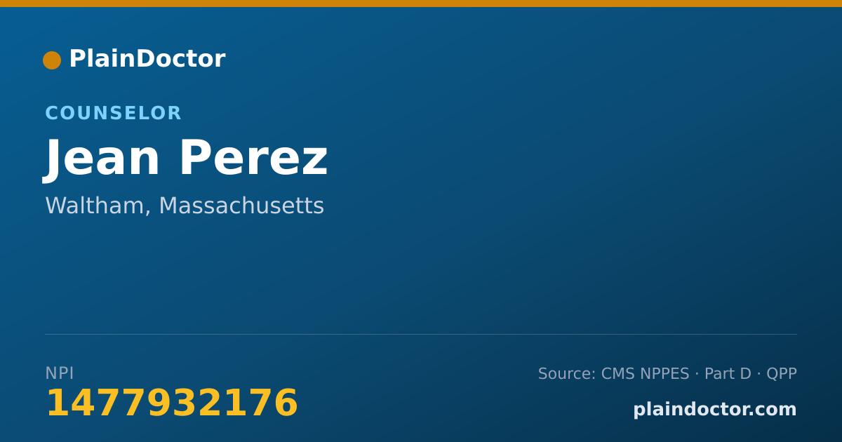Shareable card for Jean Perez - Counselor, Waltham, MA