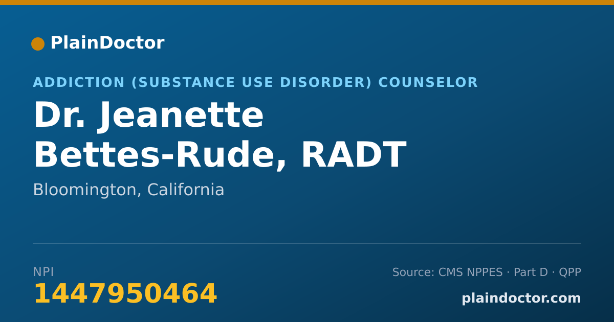 Shareable card for Jeanette Bettes-Rude, RADT - Addiction (Substance Use Disorder) Counselor, Bloomington, CA