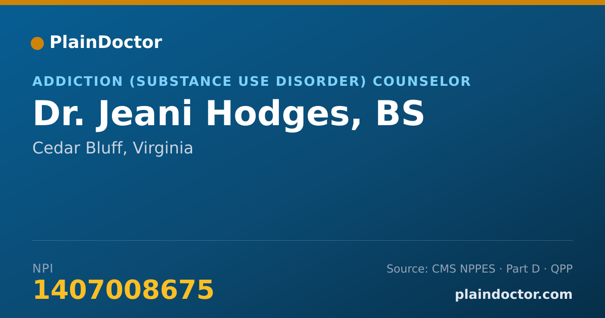 Shareable card for Jeani Hodges, BS - Addiction (Substance Use Disorder) Counselor, Cedar Bluff, VA