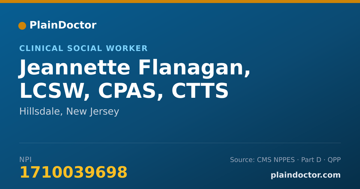 Shareable card for Jeannette Flanagan, LCSW, CPAS, CTTS - Clinical Social Worker, Hillsdale, NJ