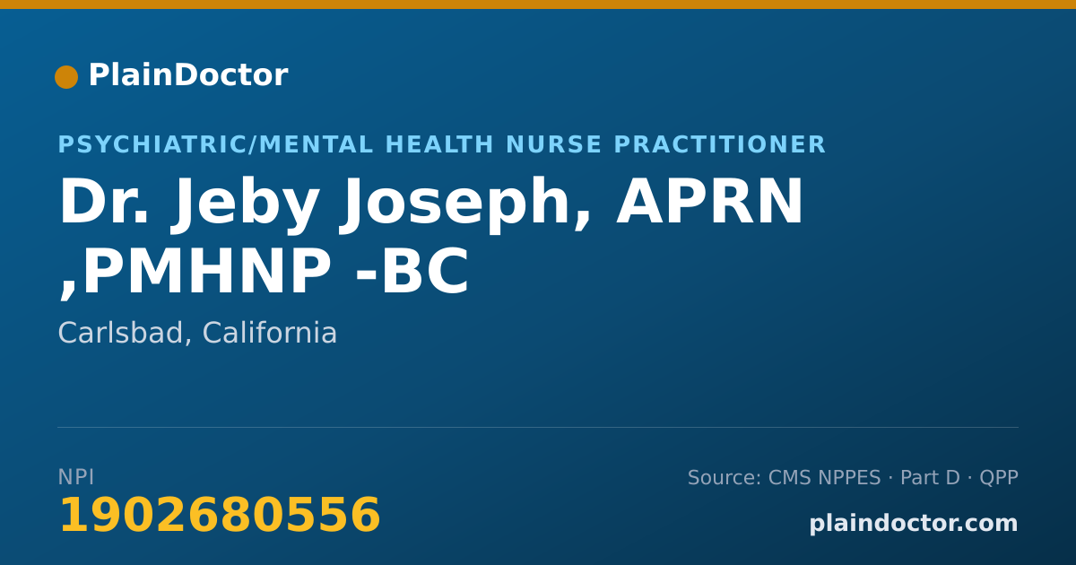 Shareable card for Jeby Joseph, APRN ,PMHNP -BC - Psychiatric/Mental Health Nurse Practitioner, Carlsbad, CA