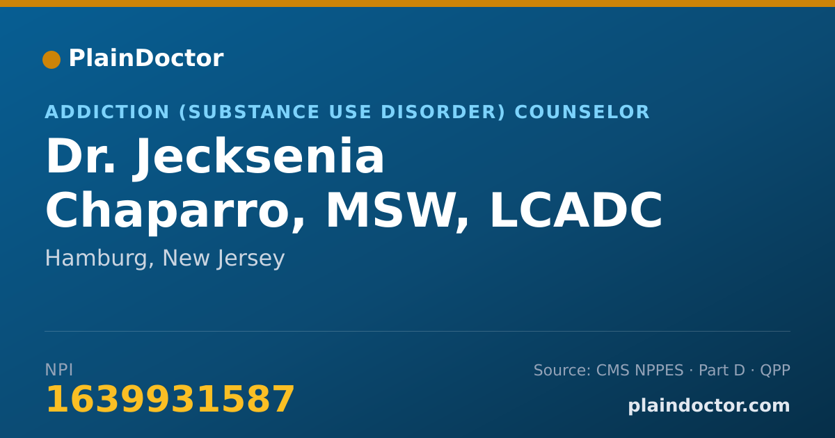 Shareable card for Jecksenia Chaparro, MSW, LCADC - Addiction (Substance Use Disorder) Counselor, Hamburg, NJ