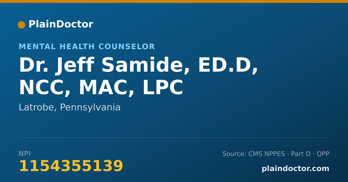 Shareable card for Jeff Samide, ED.D, NCC, MAC, LPC - Mental Health Counselor, Latrobe, PA
