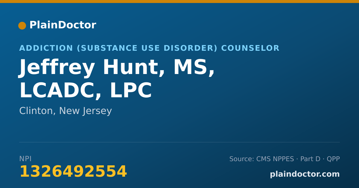Shareable card for Jeffrey Hunt, MS, LCADC, LPC - Addiction (Substance Use Disorder) Counselor, Clinton, NJ