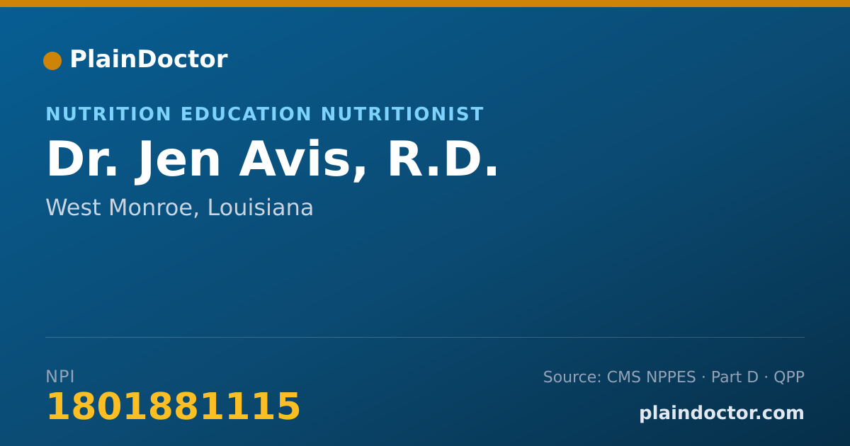 Shareable card for Jen Avis, R.D. - Nutrition Education Nutritionist, West Monroe, LA