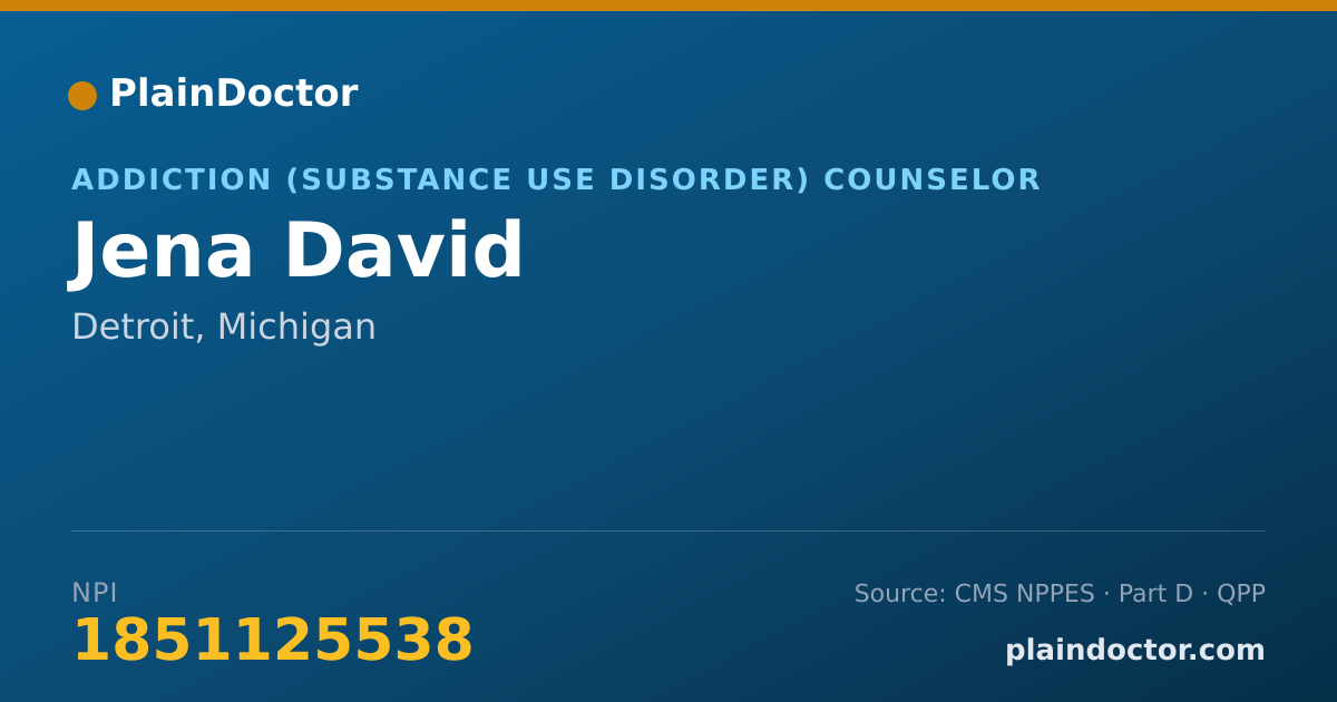Shareable card for Jena David - Addiction (Substance Use Disorder) Counselor, Detroit, MI