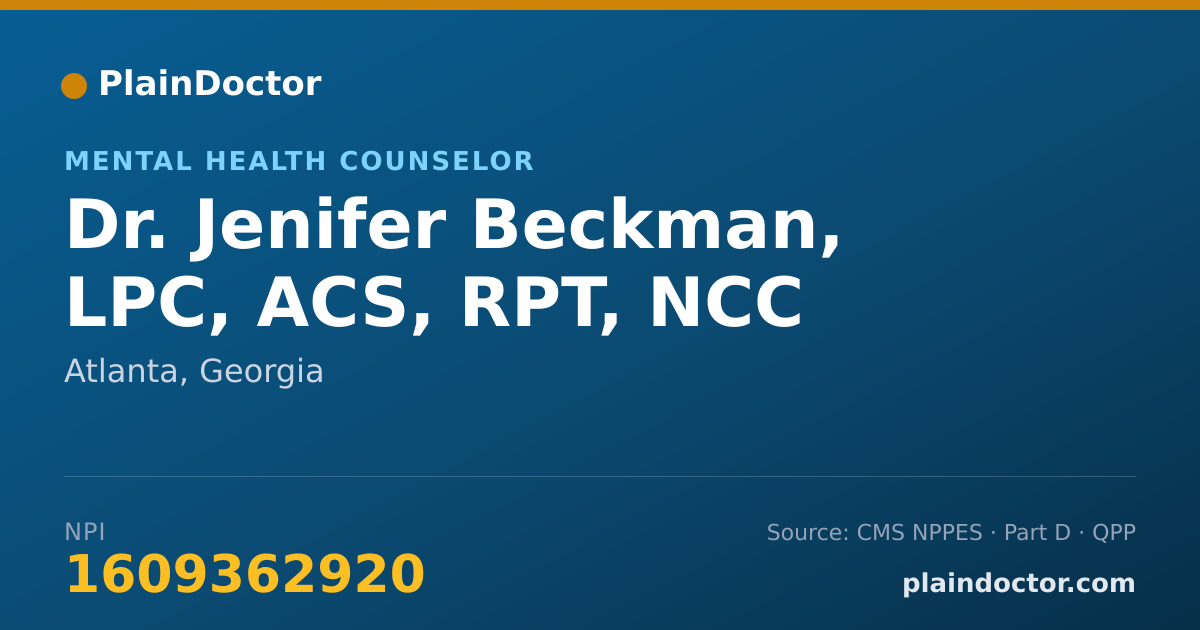 Shareable card for Jenifer Beckman, LPC, ACS, RPT, NCC - Mental Health Counselor, Atlanta, GA