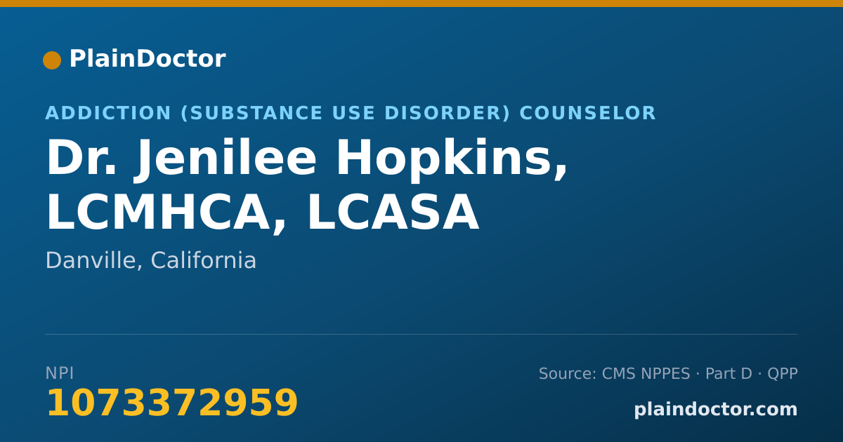 Shareable card for Jenilee Hopkins, LCMHCA, LCASA - Addiction (Substance Use Disorder) Counselor, Danville, CA
