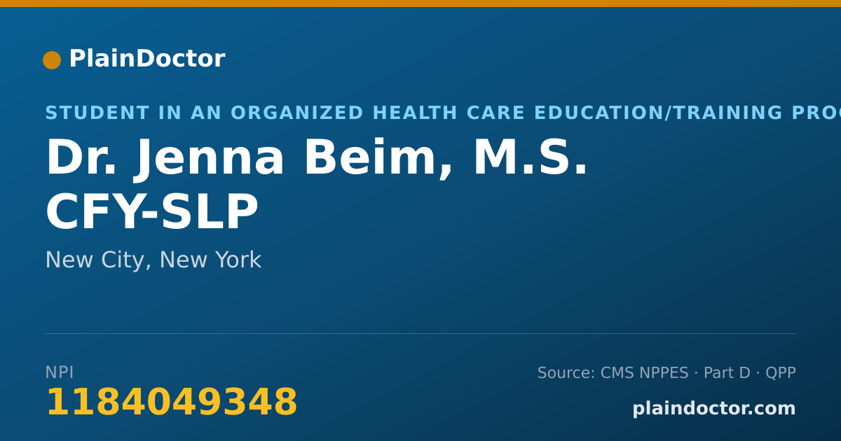 Shareable card for Jenna Beim, M.S. CFY-SLP - Student in an Organized Health Care Education/Training Program, New City, NY