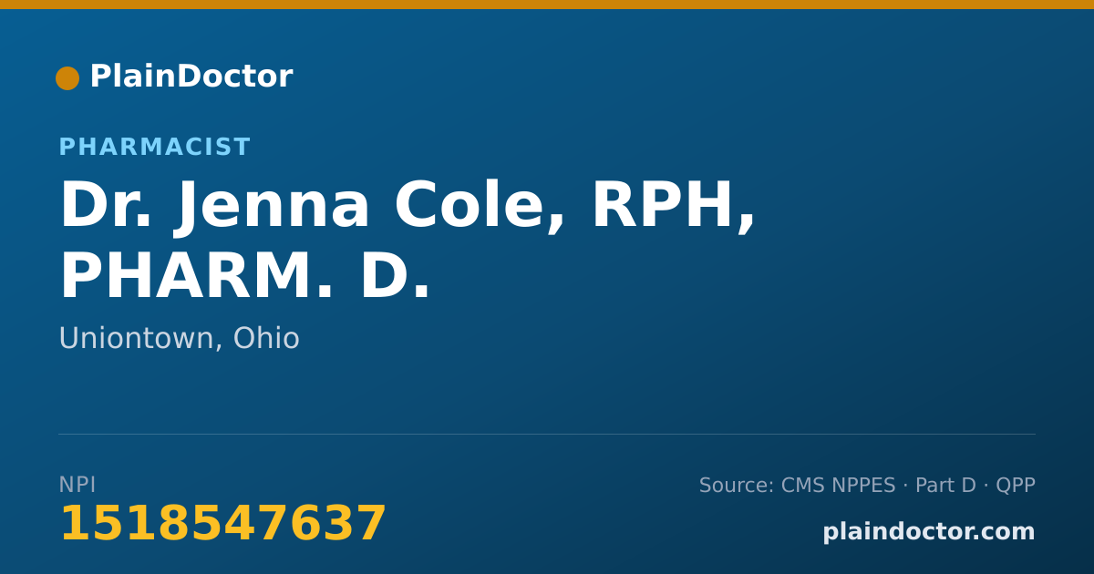 Shareable card for Jenna Cole, RPH, PHARM. D. - Pharmacist, Uniontown, OH