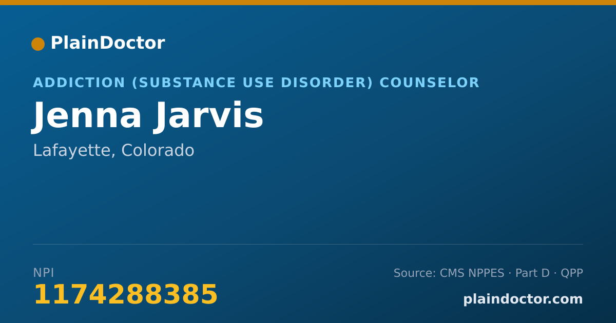 Shareable card for Jenna Jarvis - Addiction (Substance Use Disorder) Counselor, Lafayette, CO