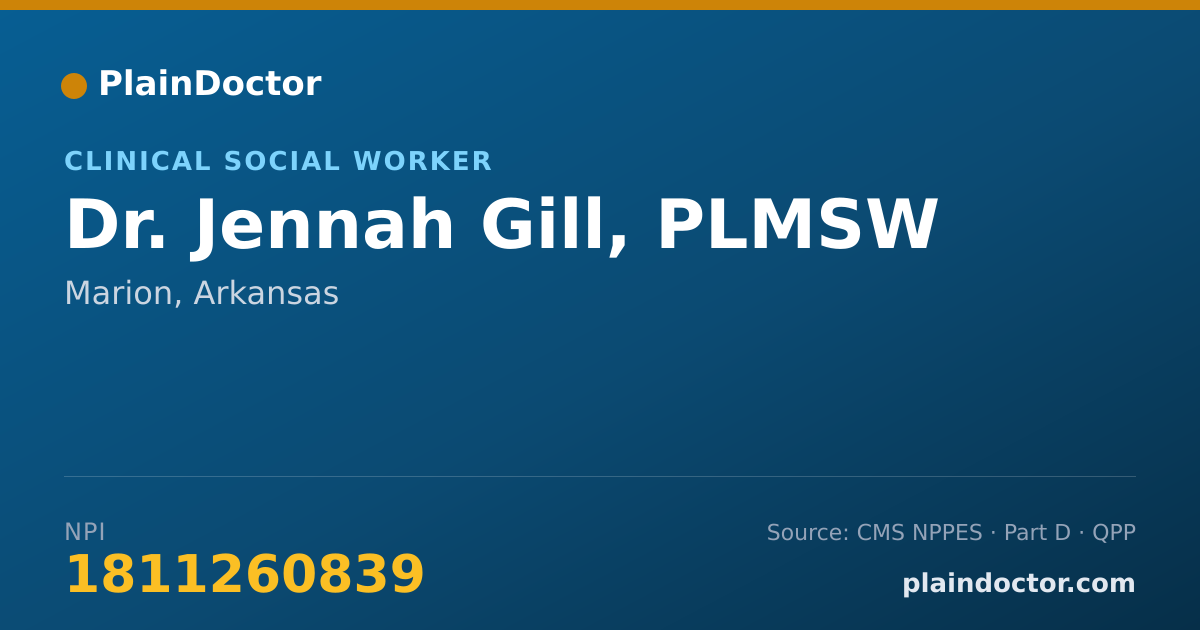 Shareable card for Jennah Gill, PLMSW - Clinical Social Worker, Marion, AR