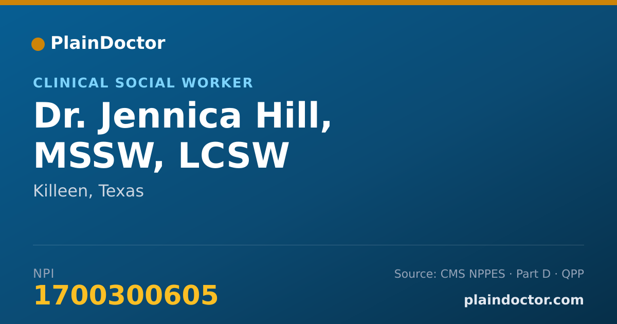 Shareable card for Jennica Hill, MSSW, LCSW - Clinical Social Worker, Killeen, TX