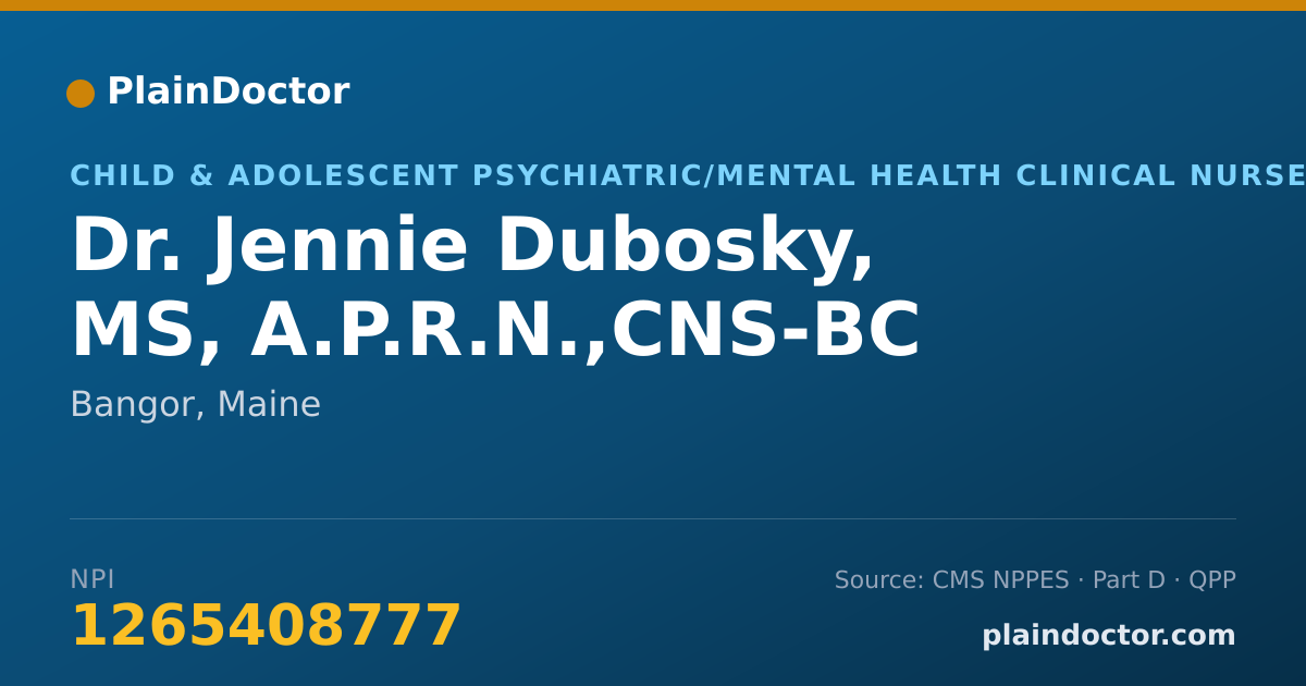 Shareable card for Jennie Dubosky, MS, A.P.R.N.,CNS-BC - Child & Adolescent Psychiatric/Mental Health Clinical Nurse Specialist, Bangor, ME