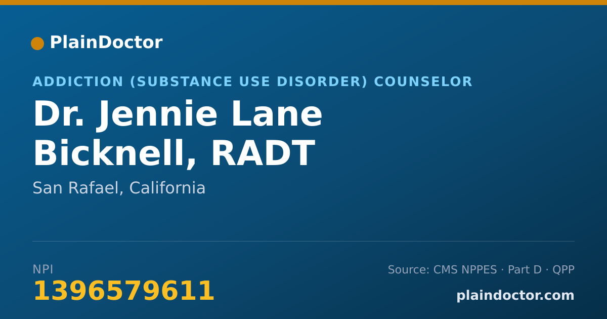 Shareable card for Jennie Lane Bicknell, RADT - Addiction (Substance Use Disorder) Counselor, San Rafael, CA