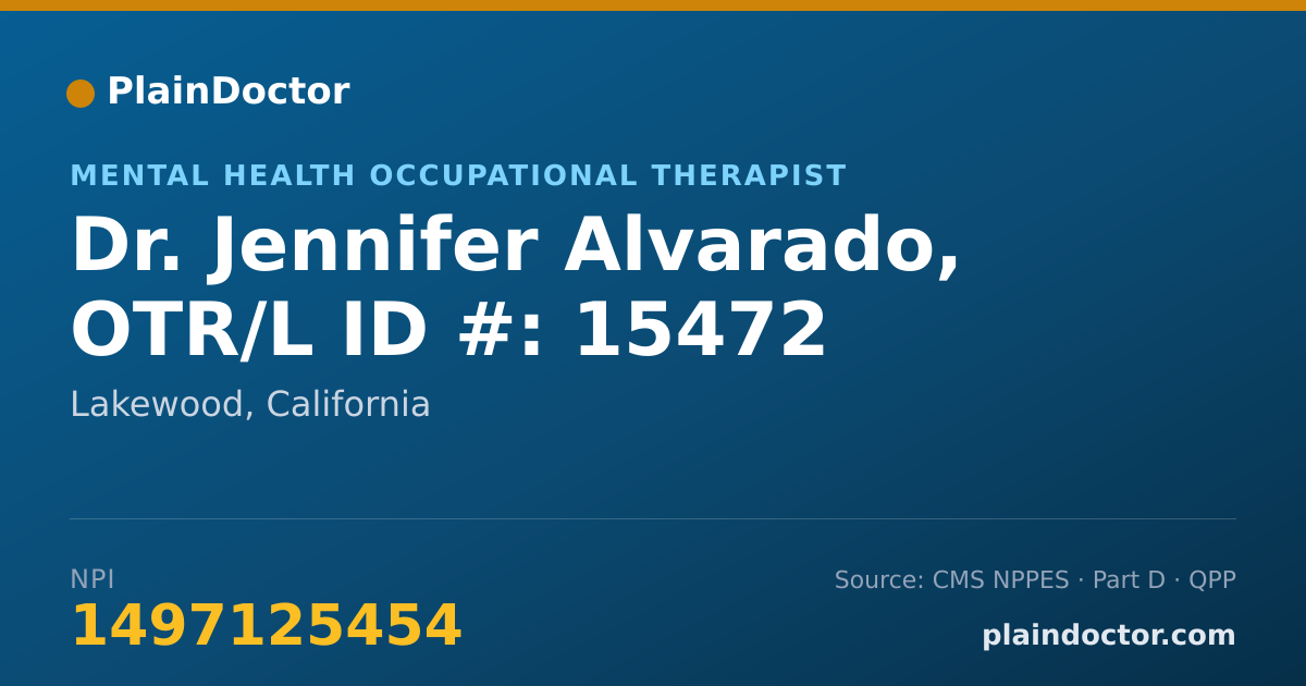 Shareable card for Jennifer Alvarado, OTR/L ID #: 15472 - Mental Health Occupational Therapist, Lakewood, CA