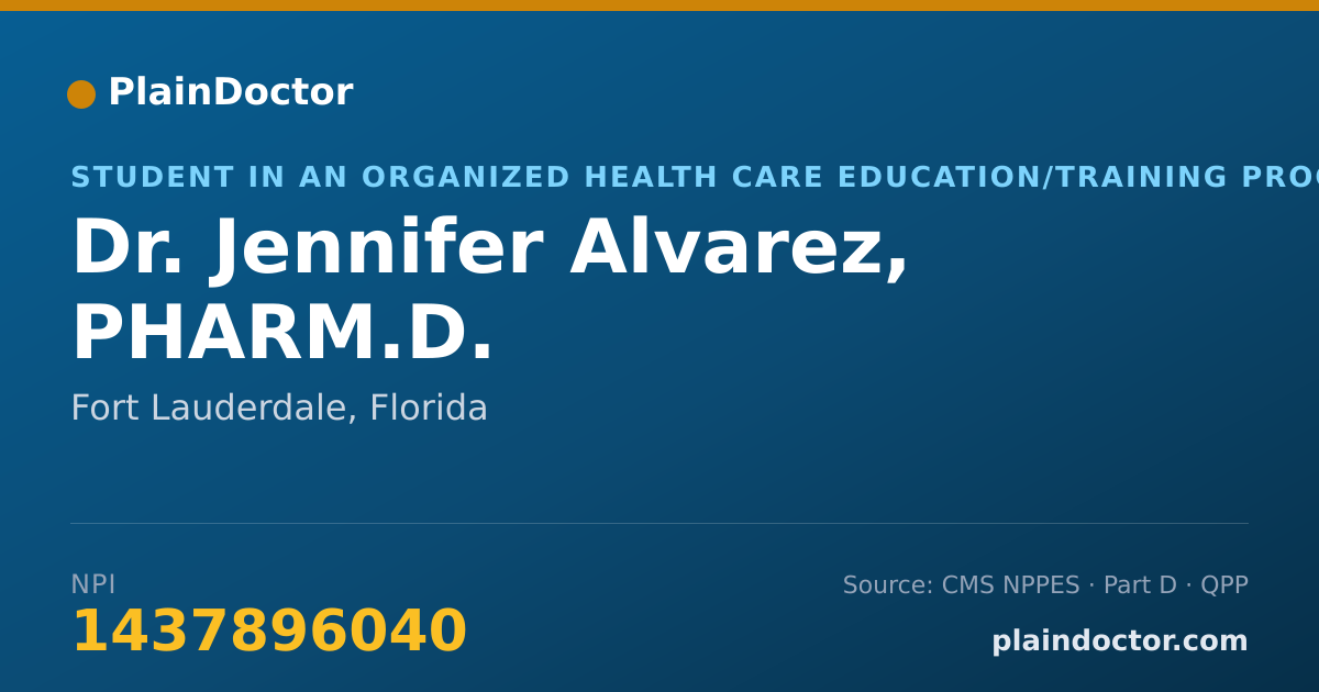 Shareable card for Jennifer Alvarez, PHARM.D. - Student in an Organized Health Care Education/Training Program, Fort Lauderdale, FL