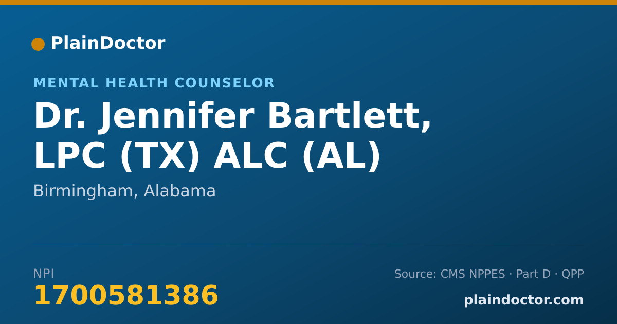 Shareable card for Jennifer Bartlett, LPC (TX) ALC (AL) - Mental Health Counselor, Birmingham, AL