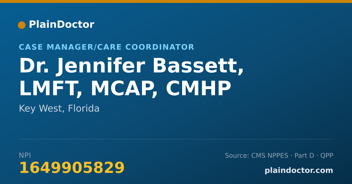 Shareable card for Jennifer Bassett, LMFT, MCAP, CMHP - Case Manager/Care Coordinator, Key West, FL