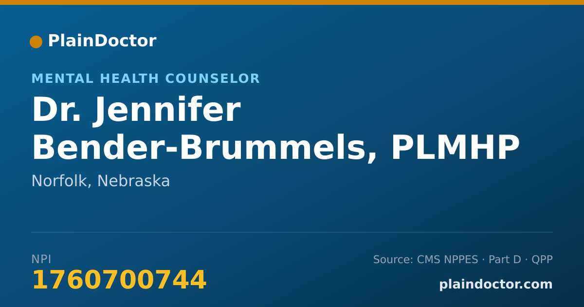 Shareable card for Jennifer Bender-Brummels, PLMHP - Mental Health Counselor, Norfolk, NE