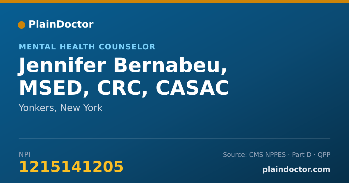 Shareable card for Jennifer Bernabeu, MSED, CRC, CASAC - Mental Health Counselor, Yonkers, NY
