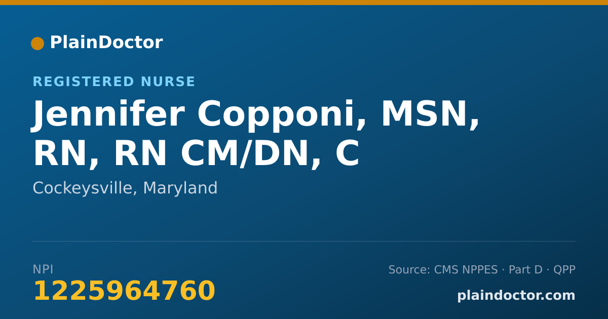 Shareable card for Jennifer Copponi, MSN, RN, RN CM/DN, C - Registered Nurse, Cockeysville, MD