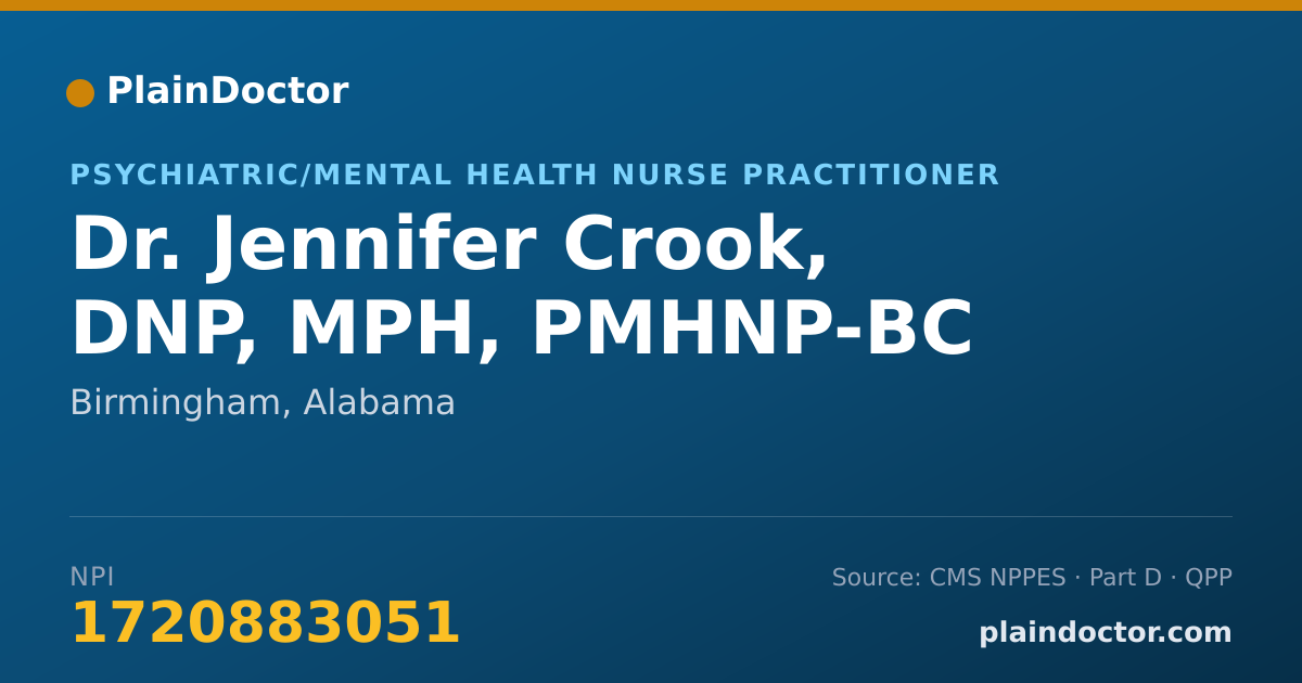 Shareable card for Jennifer Crook, DNP, MPH, PMHNP-BC - Psychiatric/Mental Health Nurse Practitioner, Birmingham, AL