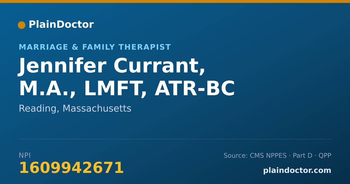 Shareable card for Jennifer Currant, M.A., LMFT, ATR-BC - Marriage & Family Therapist, Reading, MA
