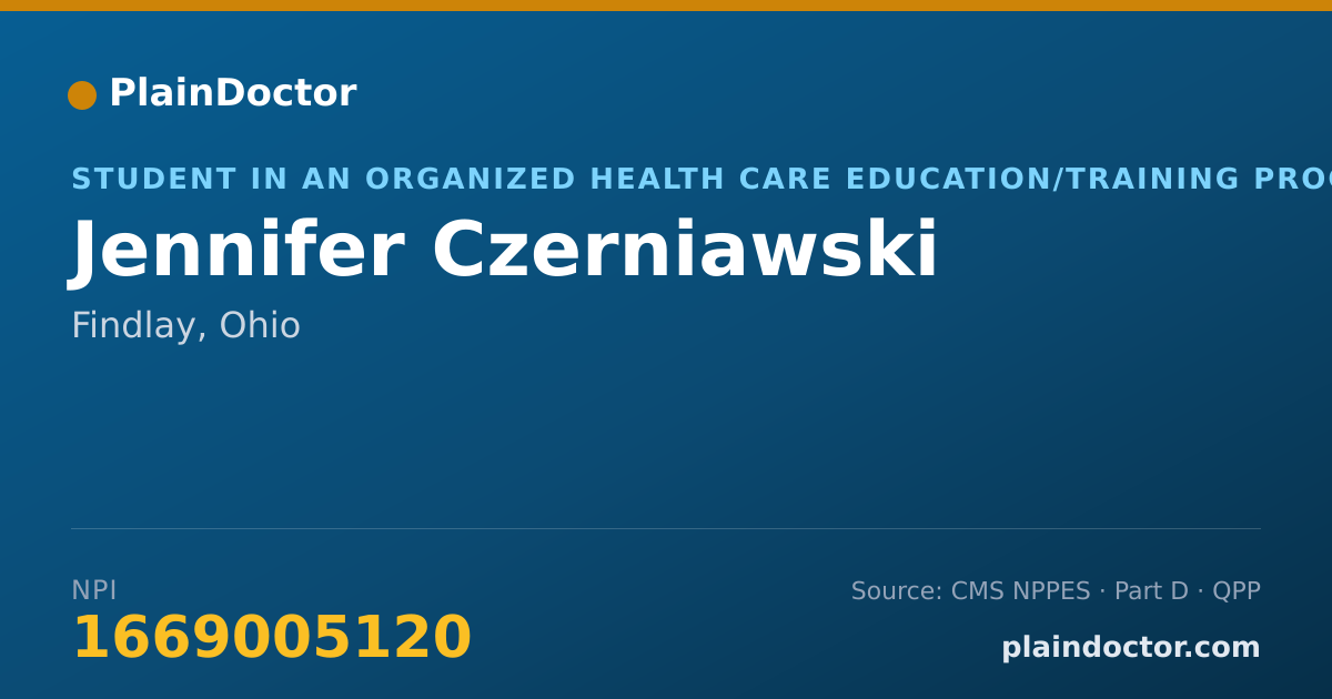 Shareable card for Jennifer Czerniawski - Student in an Organized Health Care Education/Training Program, Findlay, OH