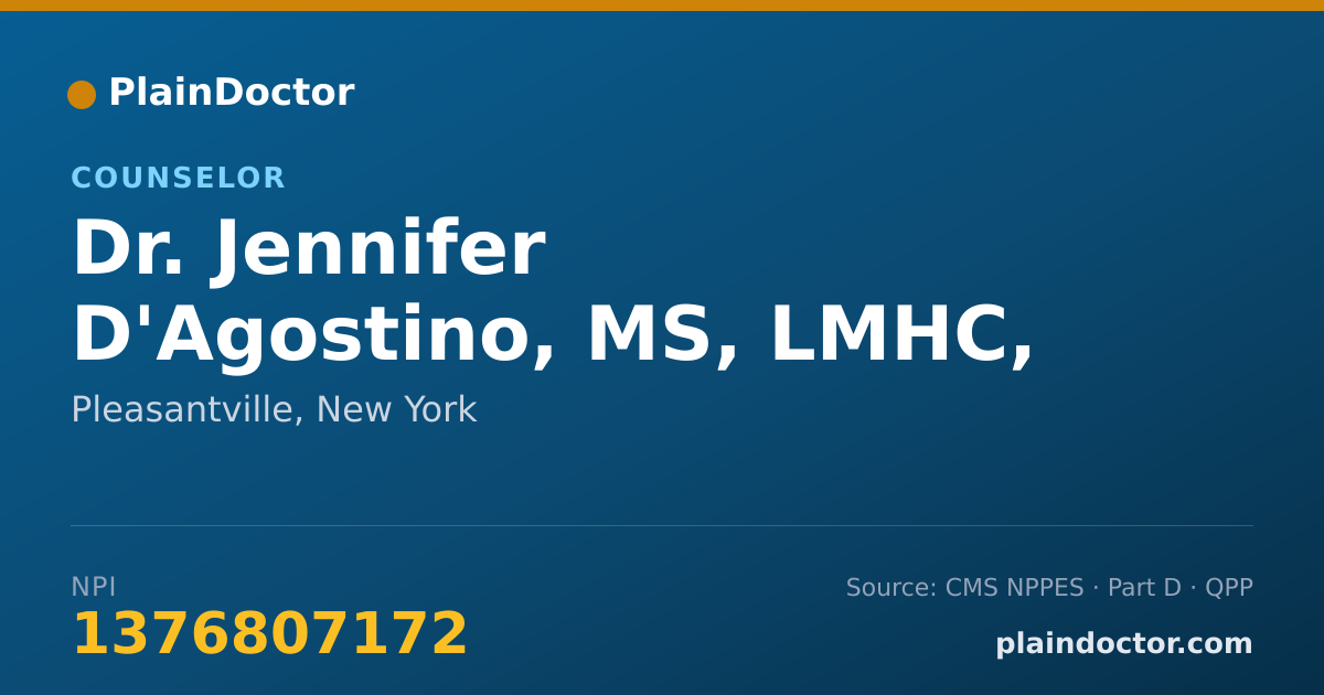 Shareable card for Jennifer D'Agostino, MS, LMHC, NCC - Counselor, Pleasantville, NY