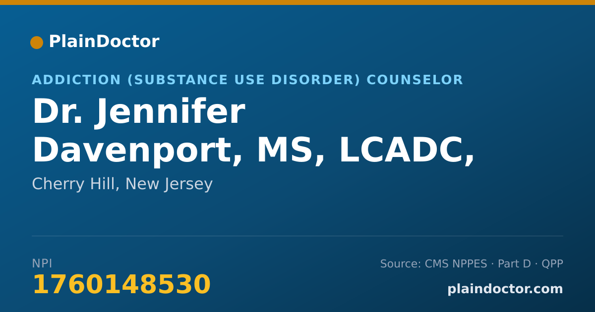Shareable card for Jennifer Davenport, MS, LCADC, CCS - Addiction (Substance Use Disorder) Counselor, Cherry Hill, NJ