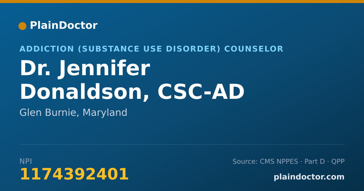Shareable card for Jennifer Donaldson, CSC-AD - Addiction (Substance Use Disorder) Counselor, Glen Burnie, MD