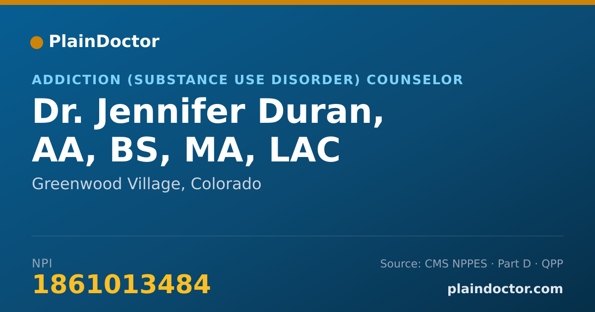 Shareable card for Jennifer Duran, AA, BS, MA, LAC - Addiction (Substance Use Disorder) Counselor, Greenwood Village, CO