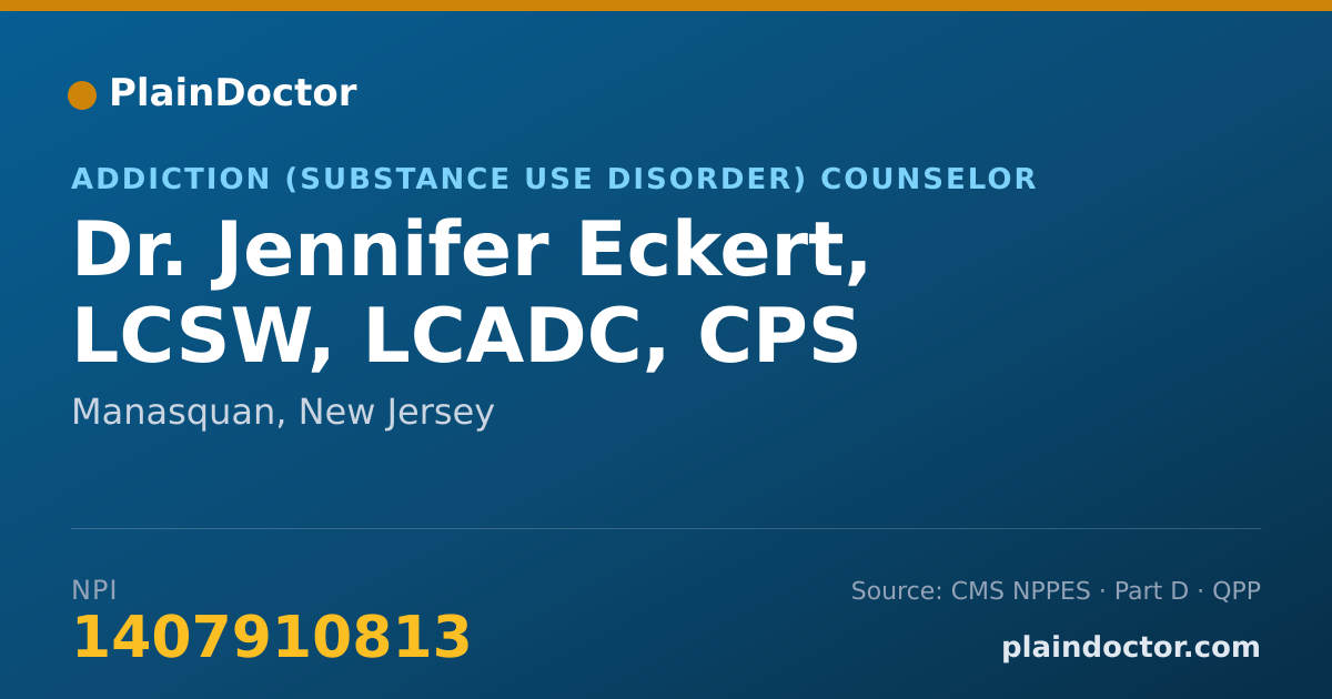 Shareable card for Jennifer Eckert, LCSW, LCADC, CPS - Addiction (Substance Use Disorder) Counselor, Manasquan, NJ