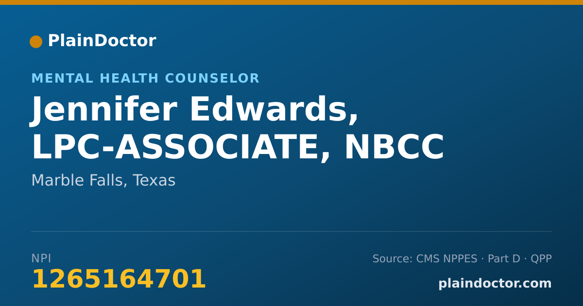 Shareable card for Jennifer Edwards, LPC-ASSOCIATE, NBCC - Mental Health Counselor, Marble Falls, TX