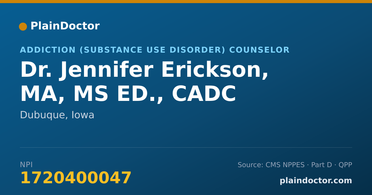 Shareable card for Jennifer Erickson, MA, MS ED., CADC - Addiction (Substance Use Disorder) Counselor, Dubuque, IA