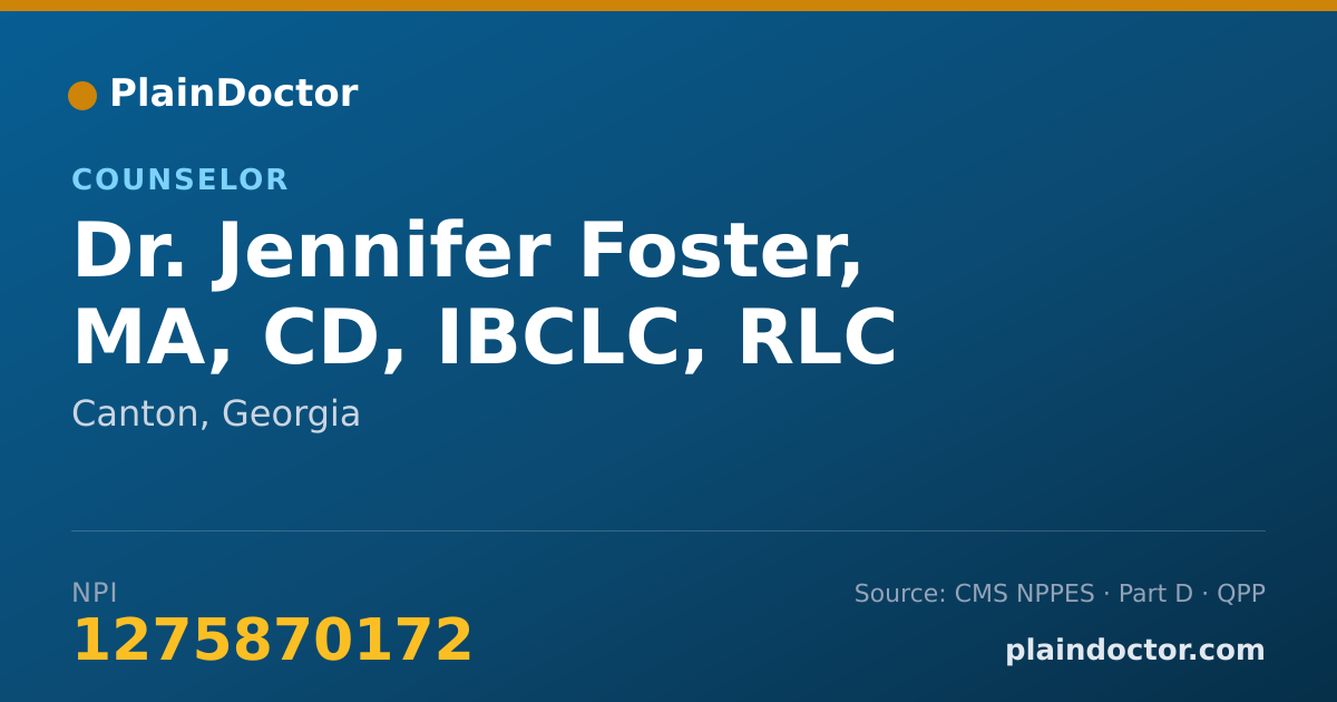 Shareable card for Jennifer Foster, MA, CD, IBCLC, RLC - Counselor, Canton, GA