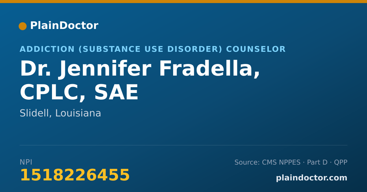 Shareable card for Jennifer Fradella, CPLC, SAE - Addiction (Substance Use Disorder) Counselor, Slidell, LA