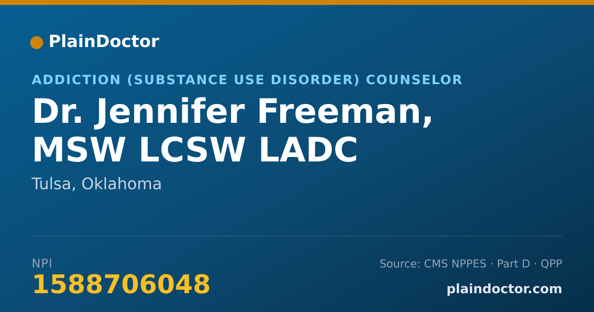 Shareable card for Jennifer Freeman, MSW LCSW LADC - Addiction (Substance Use Disorder) Counselor, Tulsa, OK