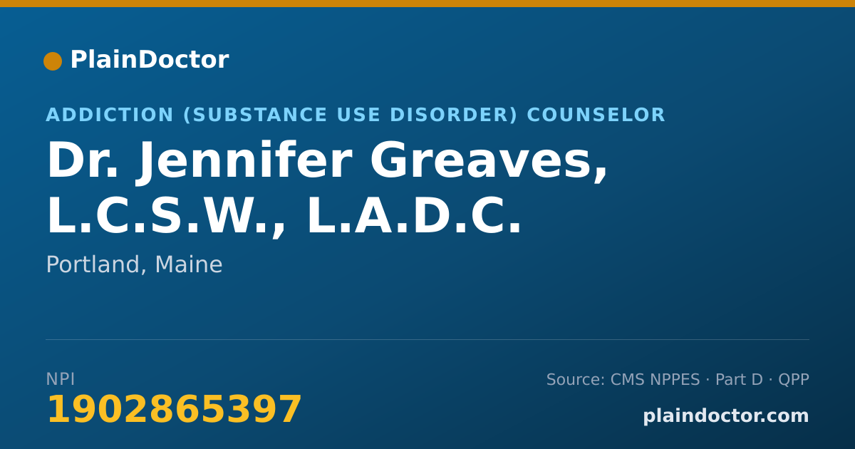 Shareable card for Jennifer Greaves, L.C.S.W., L.A.D.C. - Addiction (Substance Use Disorder) Counselor, Portland, ME