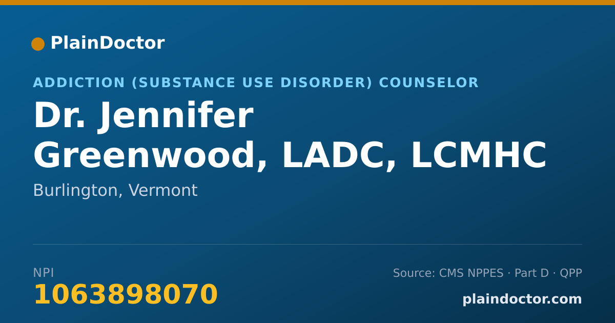 Shareable card for Jennifer Greenwood, LADC, LCMHC - Addiction (Substance Use Disorder) Counselor, Burlington, VT