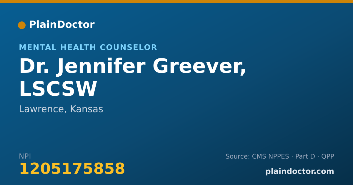 Shareable card for Jennifer Greever, LSCSW - Mental Health Counselor, Lawrence, KS