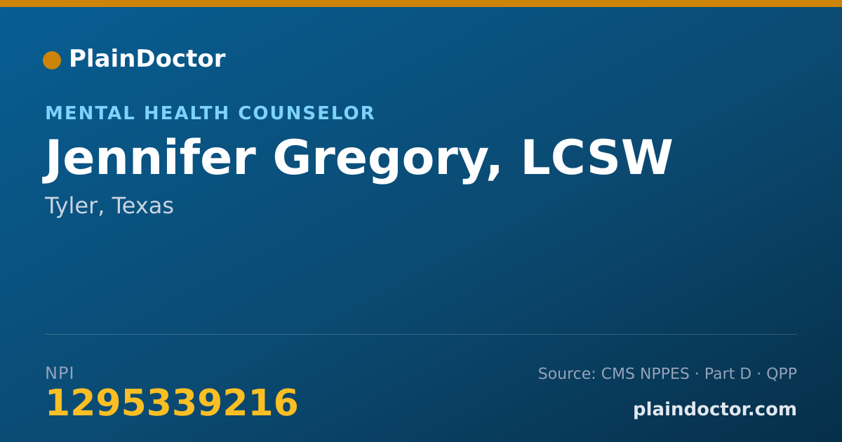 Shareable card for Jennifer Gregory, LCSW - Mental Health Counselor, Tyler, TX